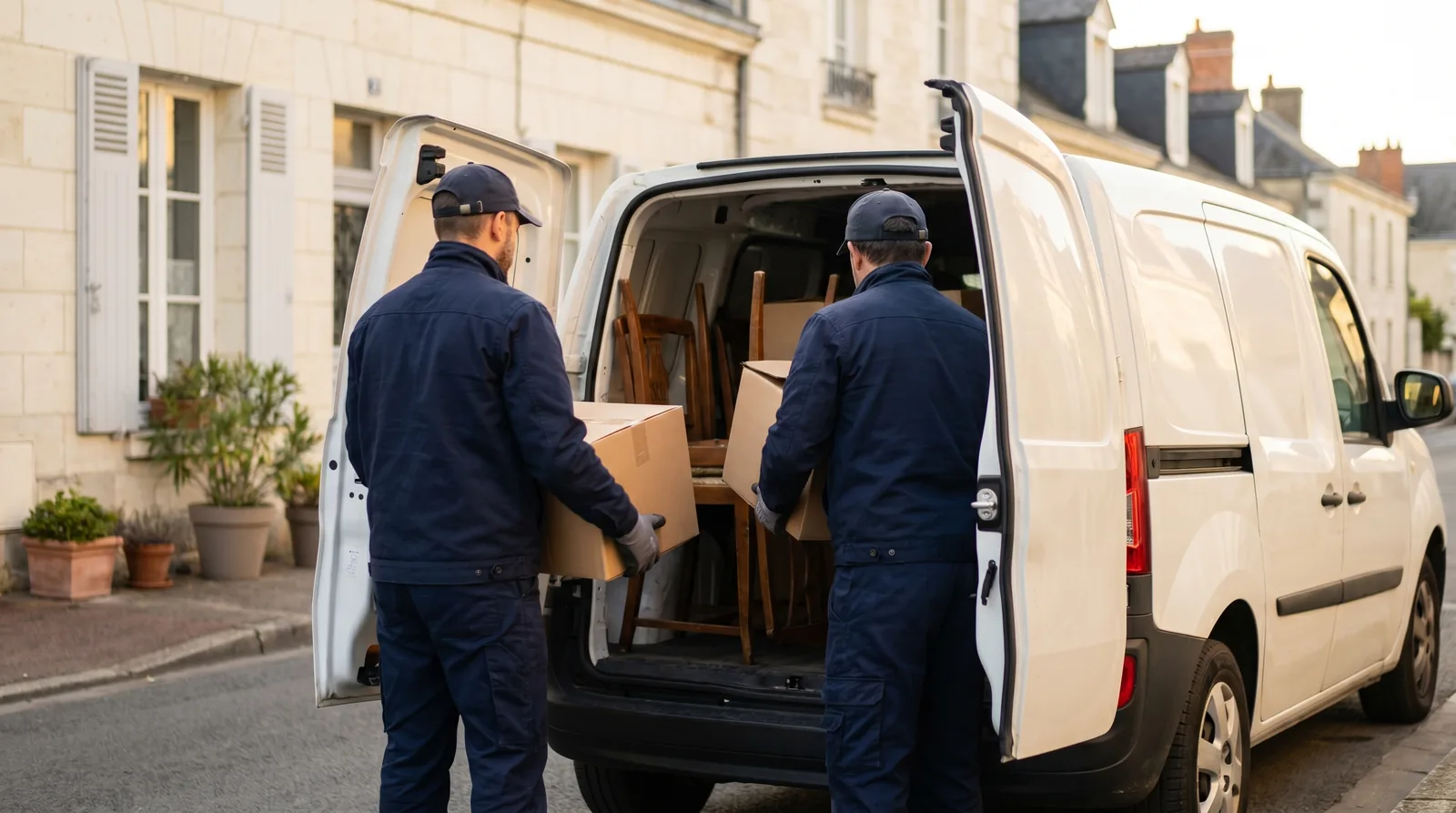 Équipe Debarras 49 chargeant des cartons et meubles dans une camionnette devant une maison angevine en pierre de tuffeau